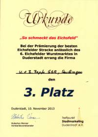 Urkunde 3. Platz beim Eichsfelder Wurstmarkt 2013